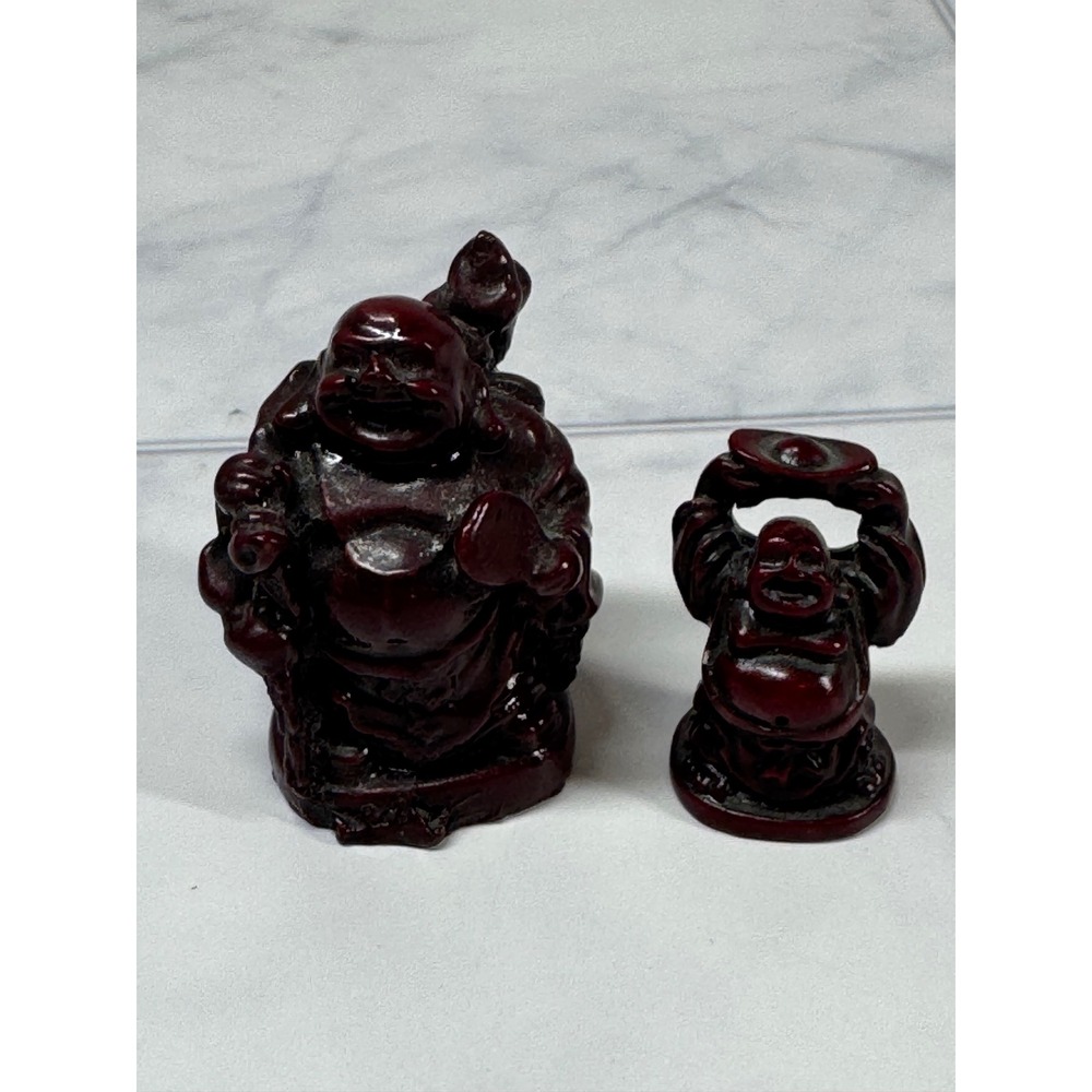 Vintage Red Laughing Buddha Hotei Mini Figurine Set of 2 EUC